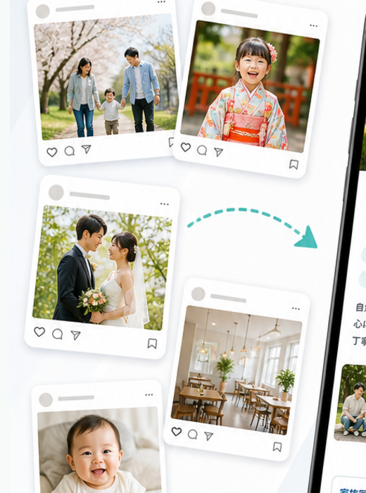SNS投稿風の写真カードからプロフィールへ整理するイメージ
